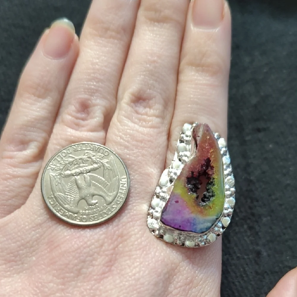 Silver Plated Rainbow Solar Quartz Druzy Gemstone Statement Ring - Size 8.5 - Picture 5 of 9